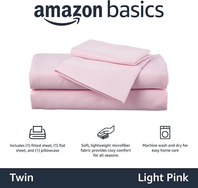 Amazon Basics Kid's Soft, Breathable, Easy-Wash Microfiber 3-Piece Sheet Set, Machine Washable, Twin, Light Pink, Solid