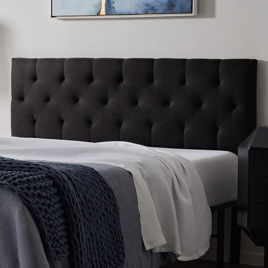 Lucid Mid-Rise Upholstered Headboard - Diamond Tufted - Padded Polyester - Adjustable Height from 34” to 46” - Easy Assembly - Bed Frame or Wall Mount - Sturdy - Black - Queen Size