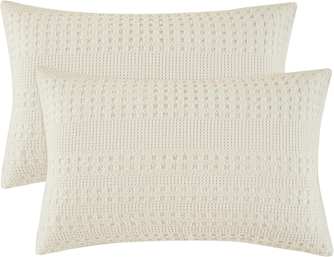 PHF 100% Cotton Waffle Pillow Shams Standard Size, 2 Pack 20" x 26" Soft Skin-Friendly Pillowcases, No Filling, Aesthetic Woven and Breathable Waffle Weave Pillow Case Covers for Bed, Ivory
