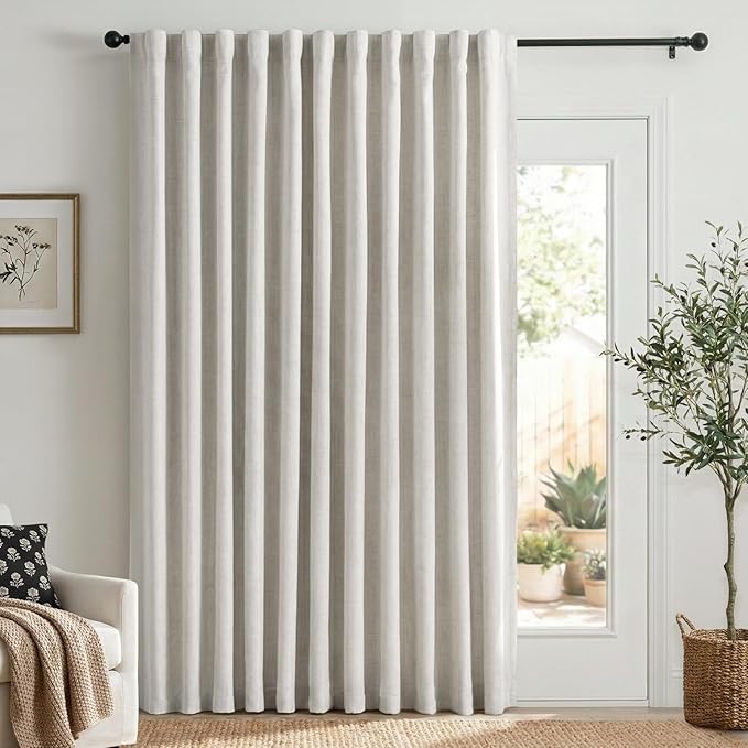 Linen Textured Total Blackout Sliding Door Curtains 90 Inches Long, Beige | 100% Blackout Shield Back Tab/Rod Pocket Sliding Door Curtains, Thermal Insulated Curtains 1 Panel Set, 100"W x 90"L