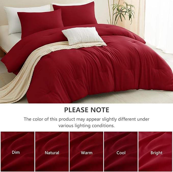 Queen Comforter Set, 3 Pieces Down Alternative Bedding, Dark Red | 270 GSM All Season Comforter with 4 Corner Ties for Use as a Duvet Insert, OEKO-TEX Certified, 2 Pillowcases, 88 x 88 in