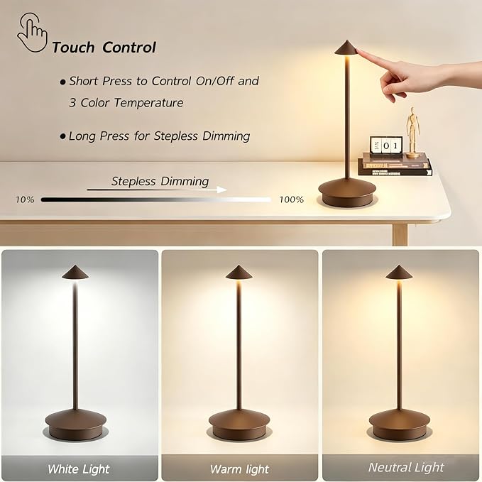 EJQ 2 Pack LED Cordless Table Lamp, Portable 6000mAh Rechargeable Aluminum, Touch Control Outdoor Table Lamp, 3 Color Dimmable Cordless Table Lamps for Restaurant, Patio, Bedroom, Outdoor - Brown