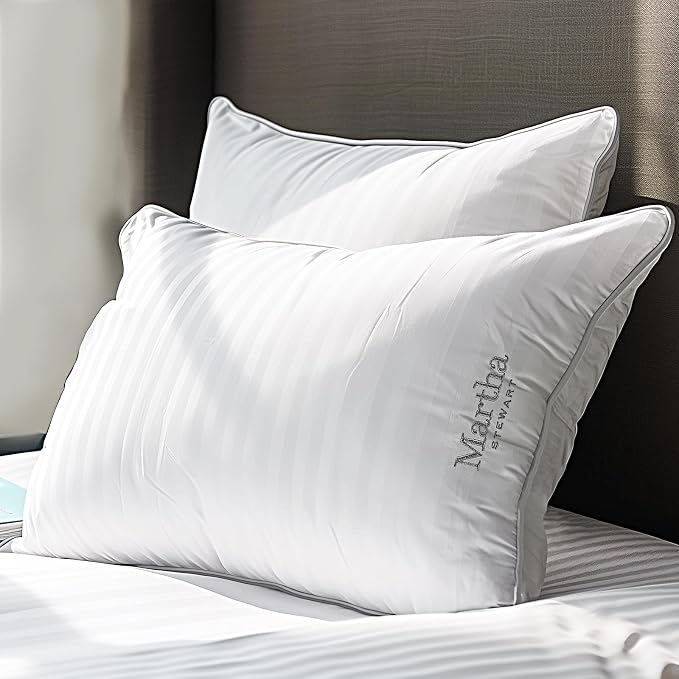 Martha Stewart Hotel Collection Pillow Queen Size Set of 2 | 500 Thread Count Damask Stripe Embroidered Feathers Soft Hypoallergenic 100% Cotton