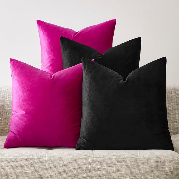 GIGIZAZA Pack of 4 Decorative Velvet Pillow Covers 18x18 Black Hot Pink | Throw Pillows for Couch Sofa,280gsm Soft Textured Fabric,Modern Accent Pillowcases,Luxury Living Room Cushion Covers