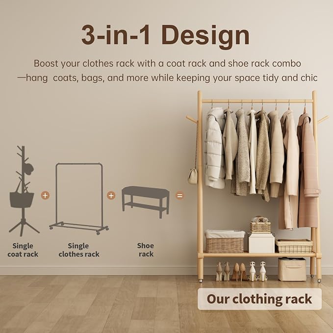Muwuele Solid Wood Clothing Rack, Rolling Clothes Rack for Hanging Clothes, Garment Rack with Shelves Load 350 Lbs, Portable Closet Organizer on Wheels for Hanging Clothes (Natural)