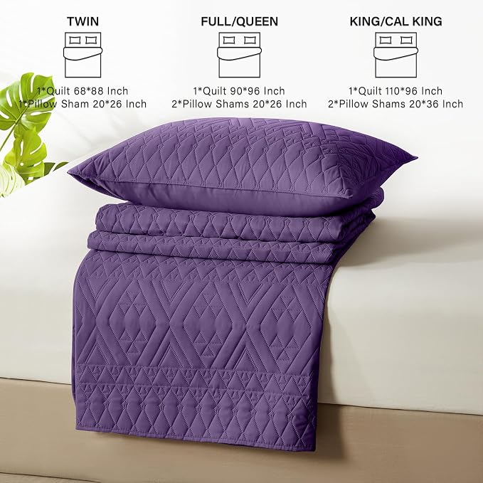 akkialla King/Cal King Quilt Set, Purple Lightweight Microfiber Bedspread Coverlet, Boho Geometric Pattern, Soft All-Season Bedding, 3-Piece (1 Quilt, 2 Pillow Shams)