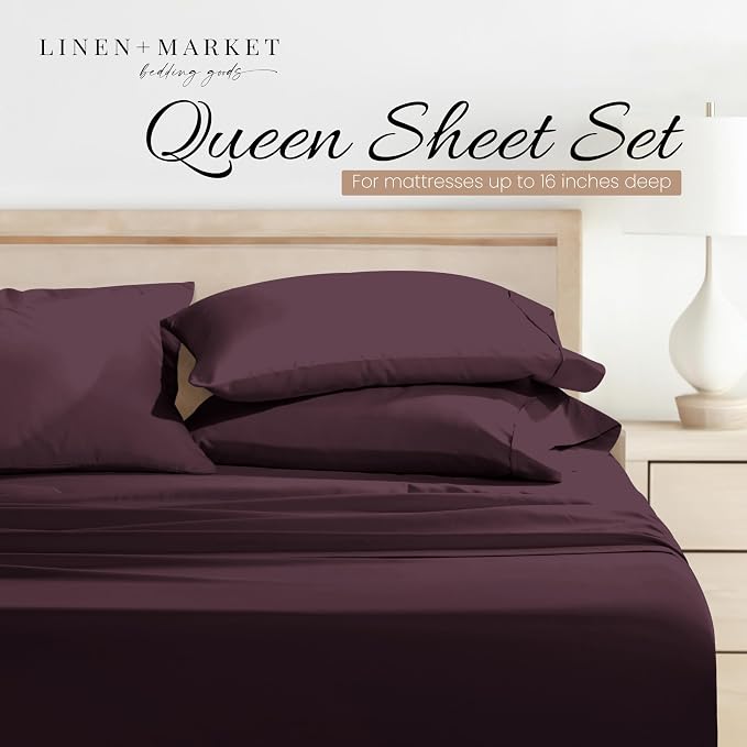Linen Market Brushed Microfiber Queen Sheet Set 4 Piece – Oeko-TEX Certified Ultra Soft & Wrinkle-Free - 16" Deep Pocket Sheets - Easy Care Queen Size - Purple