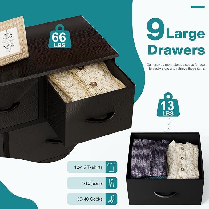 OLIXIS 9 Drawer Black Dresser for Bedroom, Closet Organizer Storage Tower | Easy-Pull Chest of Fabric Drawers, Lightweight Clothes Organizer, Anti-Tip Design, Space-Saving Storage for Dorm, Apartments