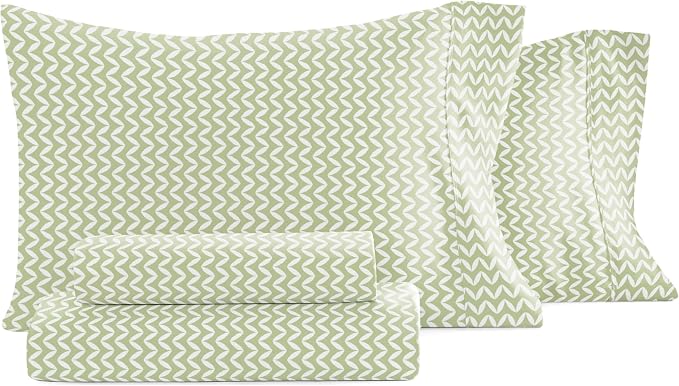 Linen Market Double-Brushed Patterned Microfiber California King Sheet Set 4 Piece – OEKO-TEX Certified Ultra Soft & Wrinkle-Free - 16" Deep Pocket Sheets Easy Care Cal-King Size - Puffed Chevron Sage