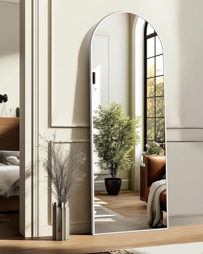 Arched Full Length Mirror, 56"x15" Standing Body Mirror for Wall, Silver | Built-in Stand, HD Shatterproof Glass, Aluminum Alloy Frame, Hanging or Standing, for Bedroom, Living Room & Dressing Room
