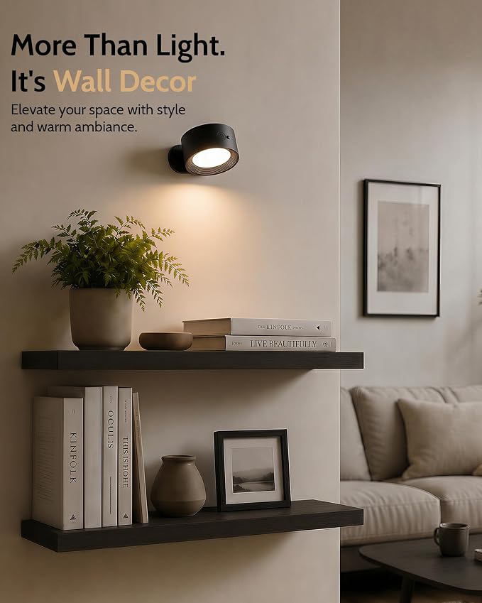 LED Wall Mounted Lights, Rechargeable Wall Sconces, 3 Color Temps, Remote & Touch, 360° Rotating and Dimmable for Bedroom, Bedside & Reading (Black, 3 Pack)