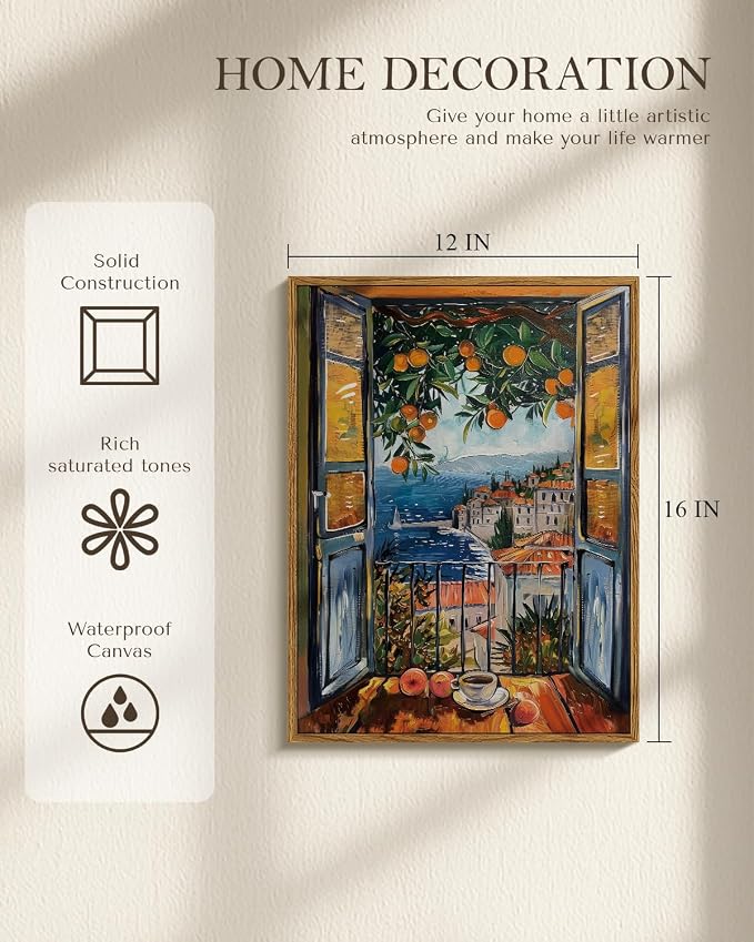 Coastal Framed Canvas Wall Art 12x16 Ocean View with Coffee and Orange Tree, Mediterranean Summer Balcony Window Landscape Artwork Seascape Painting, Beach House Living Room Bedroom Décor