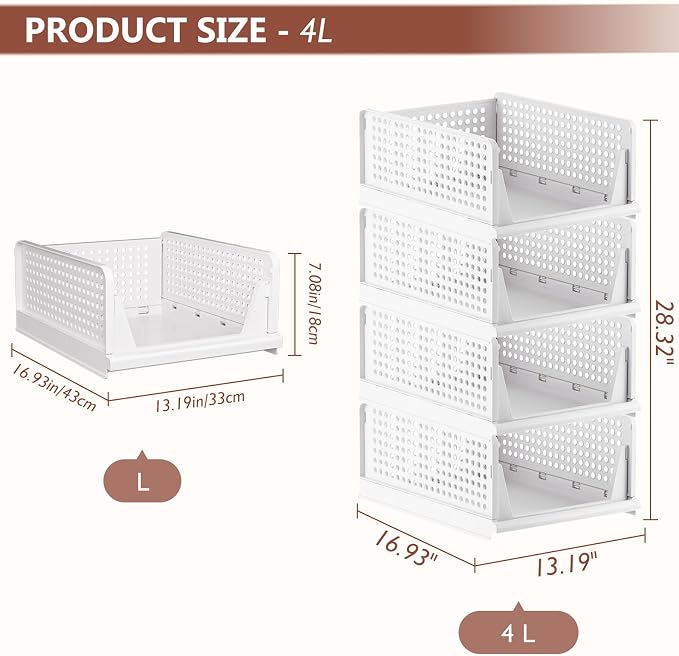 4 Pack Folding Closet Organizers Storage Box, Stackable Storage Bins, Plastic Drawer Basket Closet Storage for Wardrobe Cupboard Kitchen Bathroom Office White-4L | White Stackable Plastic Drawer Bins for Closets, Wardrobes, Kitchens, Bathrooms, Offices