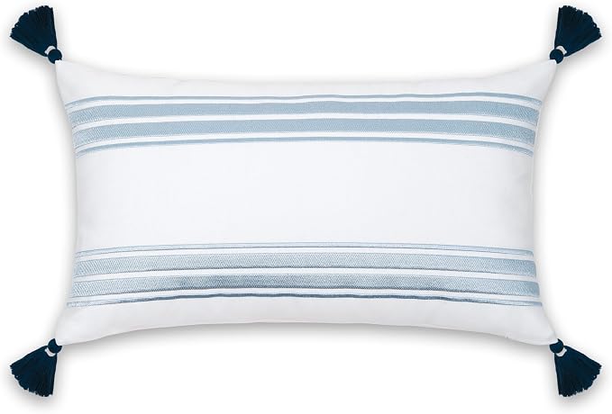 Hofdeco Premium Coastal Patio Indoor Outdoor Lumbar Pillow Cover Only, 12"x20" Water Repellent for Backyard, Couch, Baby Blue Embroidered Stripes with Tassels (Pack of 2)