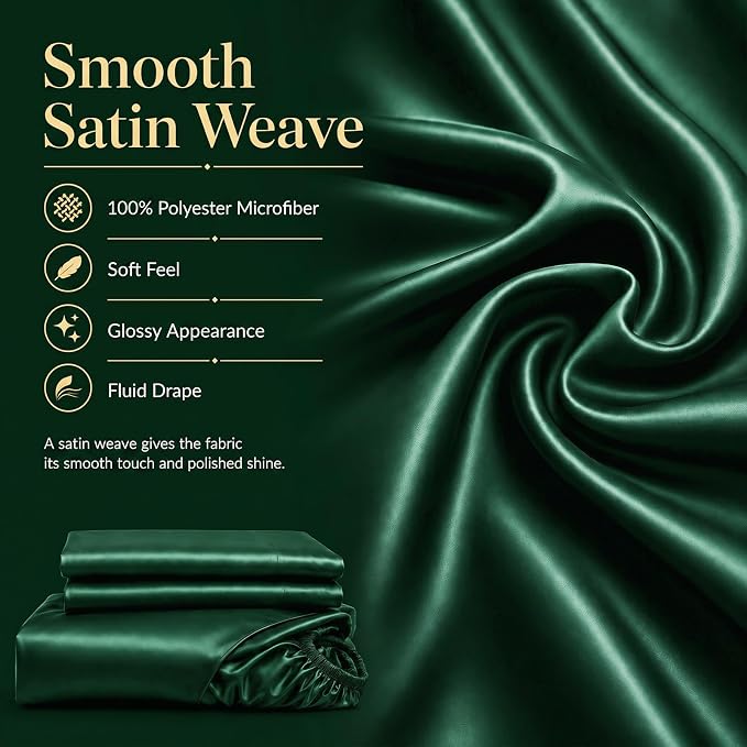 CozyLux Satin Sheets Full, 4-Piece 14-Inch Deep Pocket Sheet Set | OEKO-TEX Certified Silky Soft Sheet Set for Hair & Skin, Luxurious Silky-Smooth Satin for Elegant Bedroom Decor, Dark Green