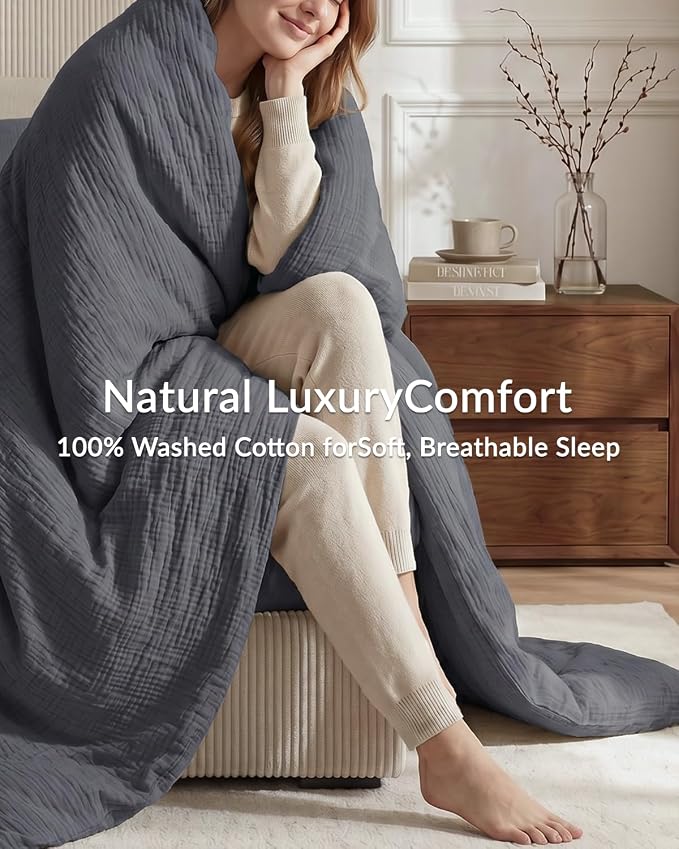 SE SOFTEXLY Muslin Duvet Cover King Size, 100% Washed Cotton Duvet Cover Set, Ultra Soft Comforter Cover Linen Like, 3 Pieces Minimalist Gauze Duvet Cover with 2 Pillowcases, 90"x104", Dark Grey
