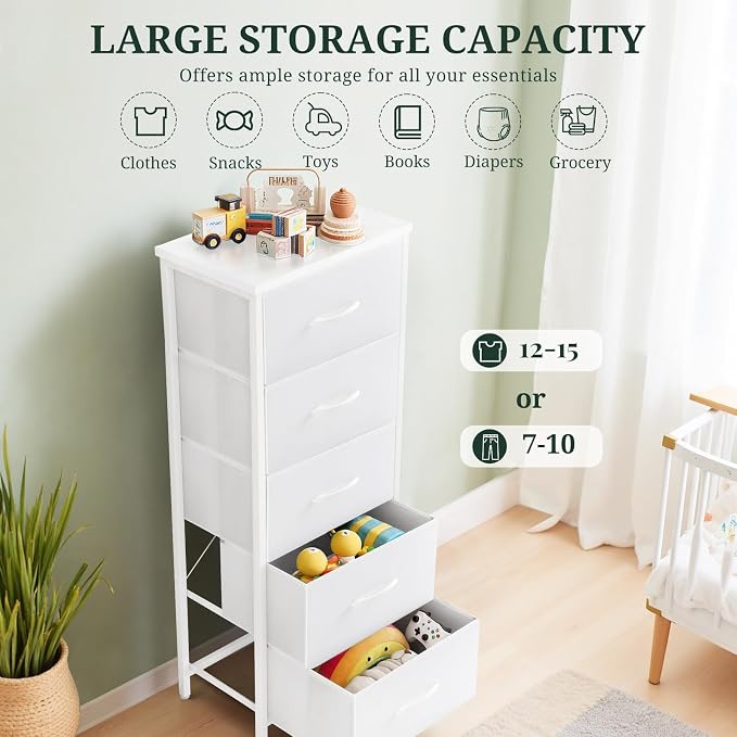 5 Drawers Dresser for Bedroom Fabric Storage Tower with Wooden Top | Steel Frame Tall Chest of Drawers for Closet, Entryway, Dorm, White