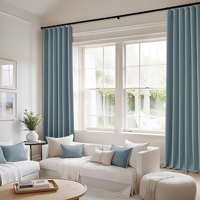 MIULEE 100% Blackout Back Tab Pleat Linen Curtains 50" Wx96 L,Stone Blue | 2 Panels,Thick Faux Linen,Floor to Ceiling,with Hooks,for Bedroom Living Room,Black Out,Room Darkening