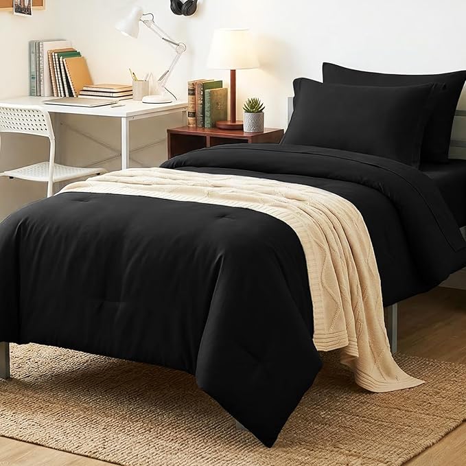 Twin Comforter Black, 5 Pieces Bed in a Bag | College Dorm Essentials, OEKO-TEX Certified, 240GSM Down Alternative Comforter, Flat & Fitted Sheets, Pillowcase & Sham