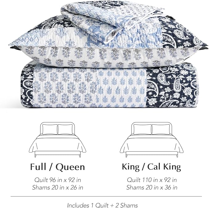 EverGrace 100% Cotton Patchwork Quilt Set, King Size, Coastal Blue 110"×92" | Reversible Lightweight Bedspread Coverlet, Printed Patchwork Bedding Set, Traditional Block Print Quilt with 2 Pillow Shams