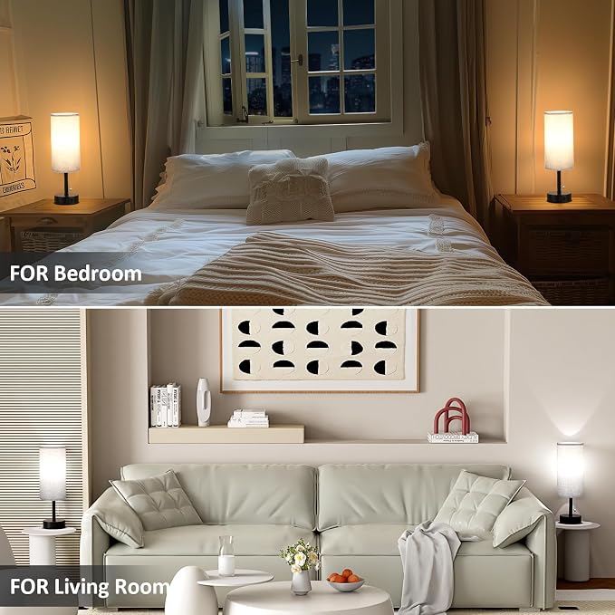 Grey Bedside Table Lamps Set of 2 - Bedroom Lamp for Desk, AC Outlet | 3CCT(3000K/4000K/5000K), LED Bulbs Included, Grey Fabric Lampshade, 14in Small Lamp for Nightstand, Guest Room, Living Room