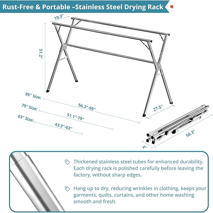 JAUREE 79" Clothes Drying Rack, Drying Rack Clothing Folding Indoor Outdoor | Heavy Duty Stainless Steel Laundry Rack, Foldable Portable Large Clothes Rack Garment Rack with 20 Windproof Hooks