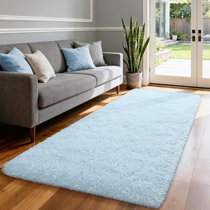 Soft Fluffy Rugs for Bedroom Living Room, 2x6 Hallway Runner Rugs, Furry Shag Bedside Area Rug Indoor Accent Floor Carpet, Plush Fuzzy Rug for Dorm Nursery Kids Room Decor, Baby Blue