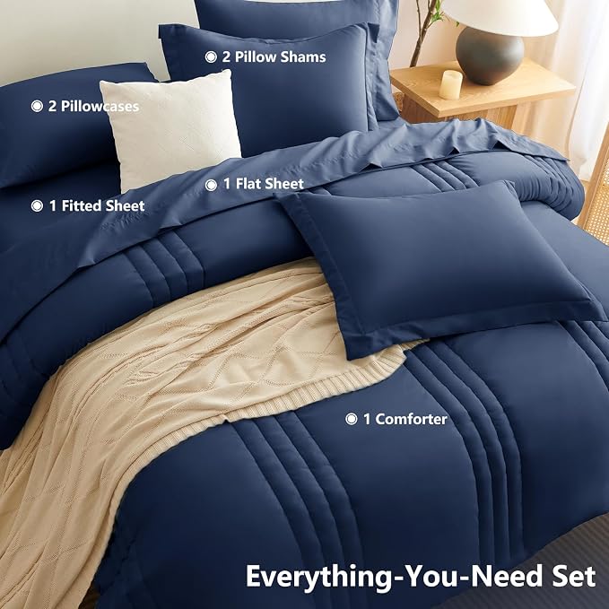 Super King Plus Comforter Set Navy Blue - Oversized 128x120 Bed Set | Maximum King-Bed Coverage, 240GSM Down-Alternative Fill, 14" Deep-Pocket Sheets, Shams & Pillowcases, Lightweight