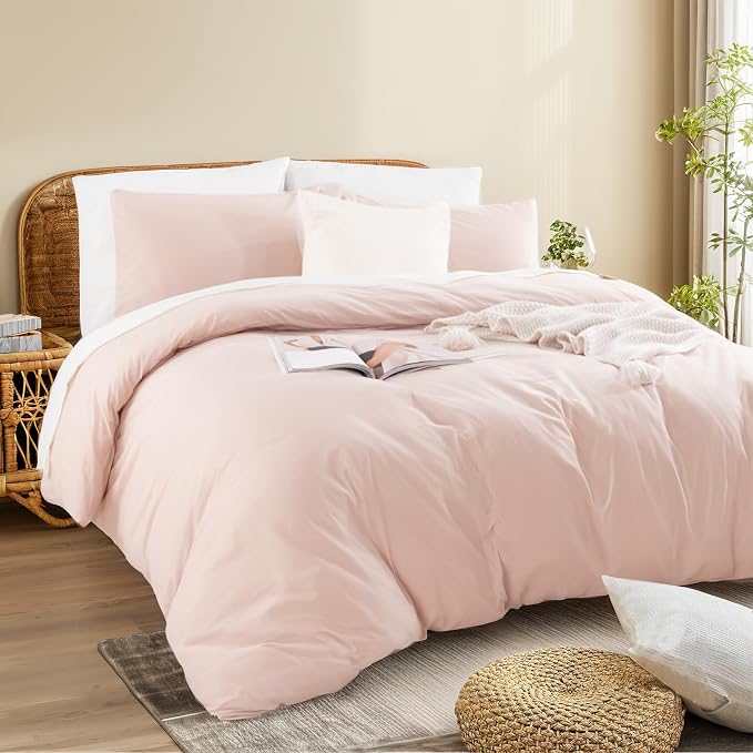 NEXHOME PRO Duvet Cover Set 100% Washed Cotton Full Size Linen Feel Textured Organic Natural 3 Pieces Bedding Set Greyish Light Pink with Zipper Closure and Corner Ties, Breathable(No Comforter)