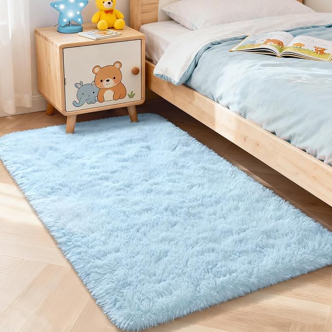 Soft Modern Indoor Shaggy Area Rug for Bedroom Livingroom Dorm Kids Room Home Decorative, Non-Slip Plush Fluffy Furry Fur Rugs Comfy Nursery Accent Floor Carpet 3x5 Feet, Baby Blue