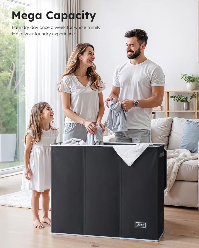 SOLEDI Large Laundry hamper 3 Section with Laundry Bag, XL Clothes Basket | 3-Section Large capacity Laundry Sorter with Odor-Blocking Lid, Robust Iron Frame & Waterproof 600D Fabric, 3 Washable Bags