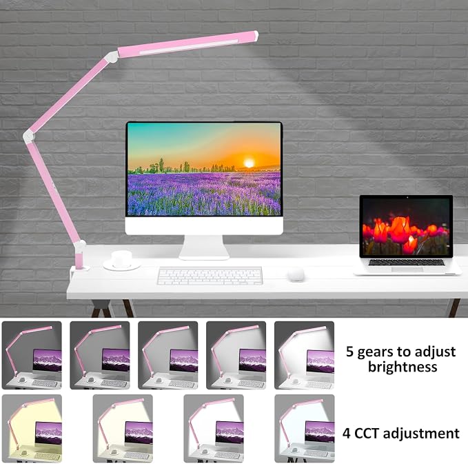 Micomlan Architect Desk Lamp with Clamp, Led Desk Lamp with Dual Light Bars and Adjustable Swing Arm, Clip-on Stepless Dimming Table Light Computer Lighting for Home Office Sewing Painting Hobby