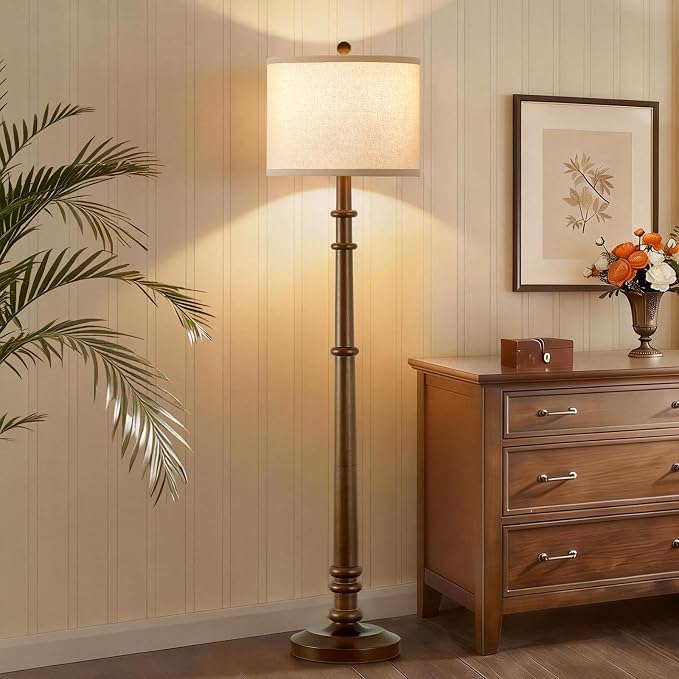 Floor Lamps for Living Room - 60" Farmhouse Floor Lamp with Adjustable Color Temperatures - Vintage Standing Lamp Reading Light with Linen Shade Rustic Tall Lamp for Bedroom Office, Wood , Walnut