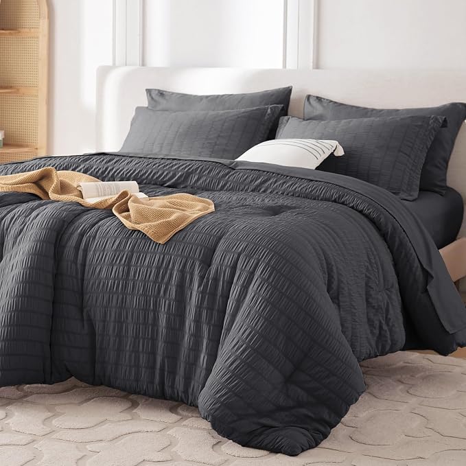 7 Pieces Full Comforter Set, Seersucker Bed in a Bag Full Size, All Season Luxury Bedding Set with Comforter, Flat Sheet, Fitted Sheet, Pillowcases & Shams, Dark Grey