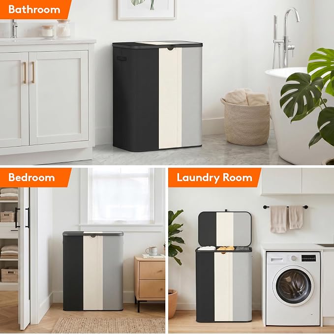 Lifewit 185L 3 Section Laundry Hamper with Lid, Black/Gray/White | Large Foldable Laundry Sorter with 3 Removable Bags, Tall Clothes Hamper for Bedroom and Bathroom