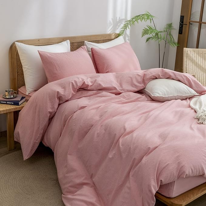 BESTOUCH Cotton Solid Duvet Cover Set Linen Feel Red Pink Twin | 100% Washed Cotton, Soft Wrinkle Texture, Hidden Zipper, 8 Ties, Breathable Lightweight Durable Comfy, 2 Pcs No Insert