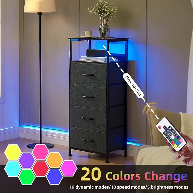 Somdot Tall Nightstand with 4 Drawers, Charging Station & LED Light | Fabric-Bin Dresser for Bedroom, Bedside, Kids Room, Dorm, Closet, Laundry and Entryway, Charcoal Grey