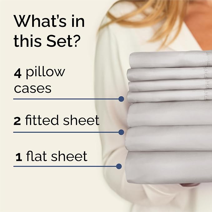 Split King 7 Piece Bed Sheet Set - Soft, Breathable & Cooling - French Grey | Ultra-Soft Hotel Luxury Bedding Set w/ 8-16 Inch Deep Pockets, 1 Flat & 2 Fitted Sheet & 4 Pillowcases, Wrinkle & Fade Free