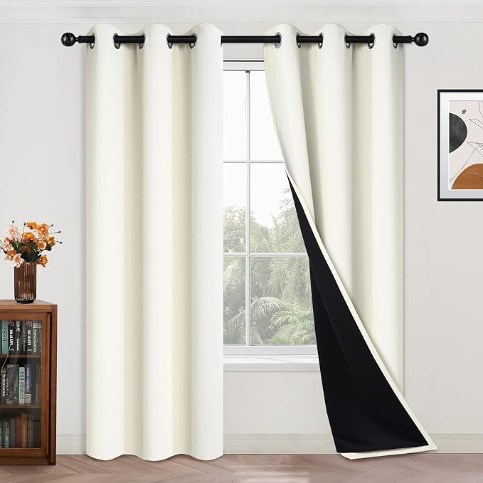 Yakamok 84 Inch Length 100% Blackout Curtains for Bedroom, 2 Thick Layers Thermal Insulated Grommet Total Blackout Drapes with Black Liner for Living Room (42Wx84L,Cream, 2 Panels) | Blackout Curtain Panels for Bedroom, 2 Thick Layers Grommet Top Therm...