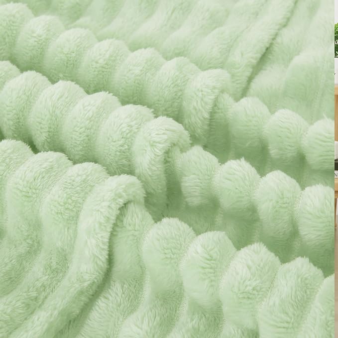 Cream Green Fleece Throw Blanket 50”×60” for Couch Sofa Livingroom | Super Soft Cozy Plush Microfiber Flannel Bed Blanket Striped Design Lightweight Home Decor Gifts for Adults Mom Women