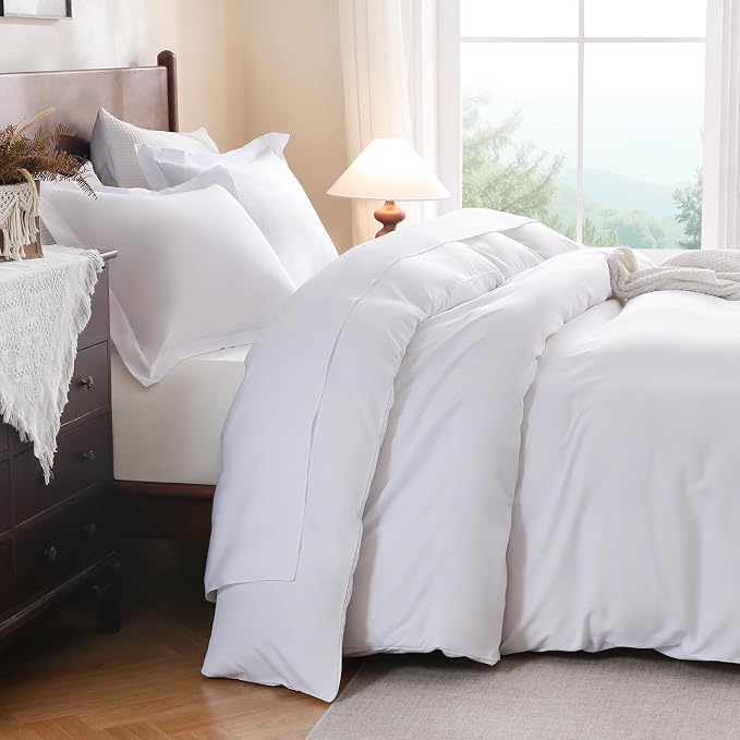 FreshCulture Duvet Cover Queen Size - 3 Pieces Microfiber Duvet Cover Set with Zipper Closure - Lightweight & Easy Care - 1 Comforter Cover & 2 Pillow Shams - Comforter Not Included (White)