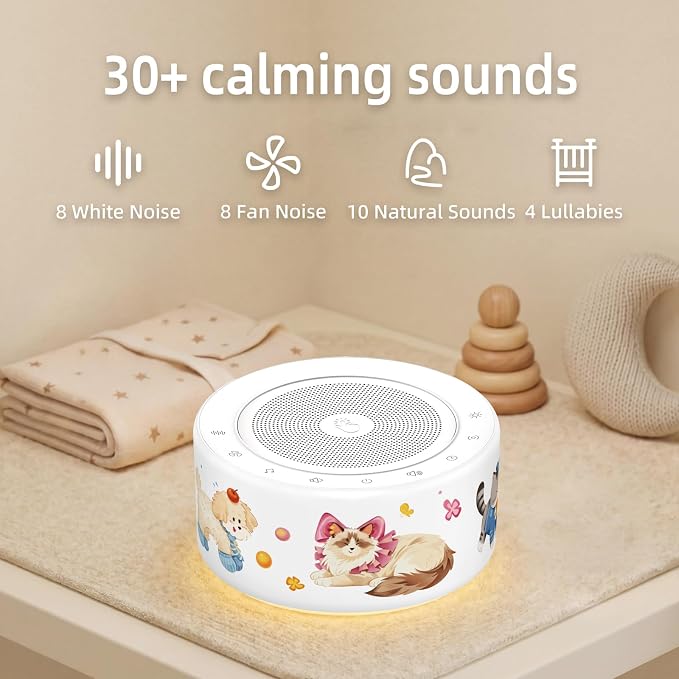 Kipcush White Noise Machine for Baby & Adults, Sleep Sound Machine with 30 Soothing Sounds, 8-Color Night Light, Memory Function, White Noise for Sleeping, Nursery, Office, Travel, Relaxation