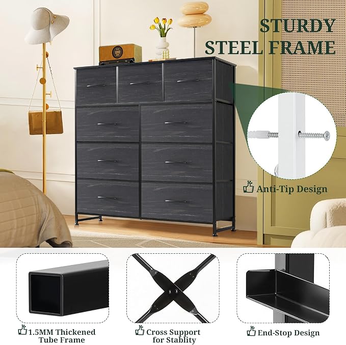 9-Drawer Dresser for Bedroom, Anti-Tip Tall Storage Organizer | Chest of Drawers with Wooden Top and Metal Frame Fabric Bins for Closet, Living Room, Hallway, Entryway, Charcoal Black