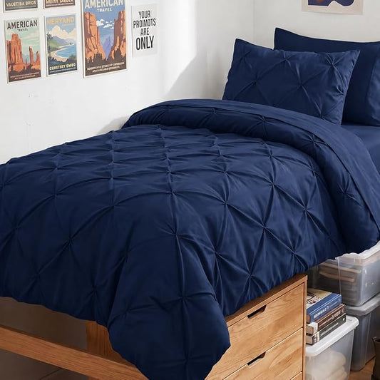 HIMEET Twin XL Comforter Set Navy Blue - 5 Pieces Pintuck Bed in a Bag | OEKO-TEX Certified, 240GSM Down Alternative Comforter, 14" Deep Pocket Fitted Sheet + Flat Sheet + 1 Pillowcase + 1 Sham