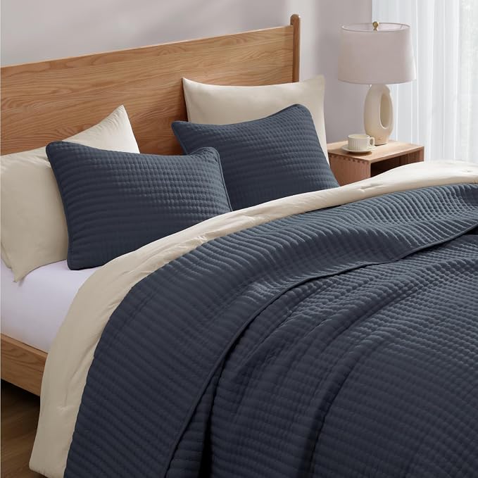 Queen Quilt-Lightweight Bedspreads Blue Grey Queen Size Quilt Bedding Set | Soft Coverlet with 2 Pillow Shams for All Seasons, Suitable for Bed, Couch, 3 Pieces, 90"x94"