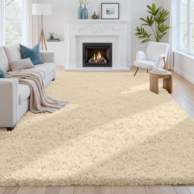 6x9 Fluffy Shag Area Rugs for Living Room Bedroom: Soft Plush Carpet Beige | Upgraded Non-Slip Thick Memory Foam, Ultra Soft, Non-Shedding Fuzzy Carpet, Easy Clean Decor for Kids Room, Nursery, Playroom