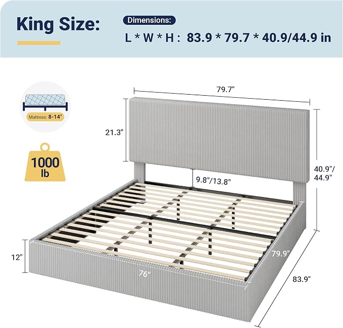 Allewie King Bed Frame, Adjustable Corduroy Headboard, Platform, Grey | Adjustable Headboard, Corduroy Fabric, Low Profile, Wooden Slats, 1000 lb Capacity, No Box Spring Needed