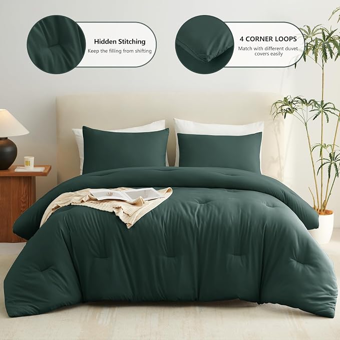 Twin Comforter Set, 2 Pieces Down Alternative Bedding, Forest Green | 270 GSM Twin XL College Dorm Comforter with 4 Corner Ties Use as a Duvet Insert, OEKO-TEX Certified, 1 Pillowcase, 68 x 88 in