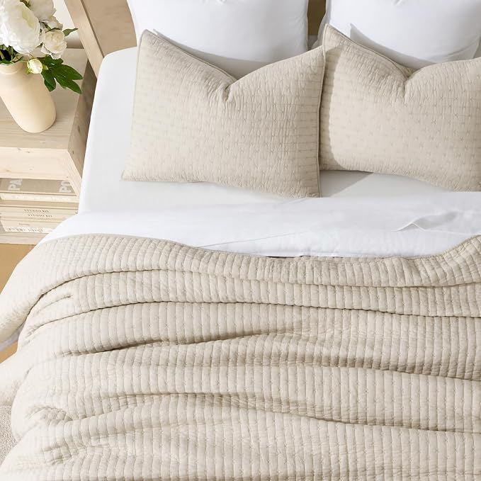 100% Cotton Cross Stitch 3-Piece Quilt Set, 118"x106", Flax Beige | Cross Stitch Cotton Quilt, Pre-Washed Bedding Set, Oversized Lightweight Bedspread Coverlet, for All Season, with 2 Shams