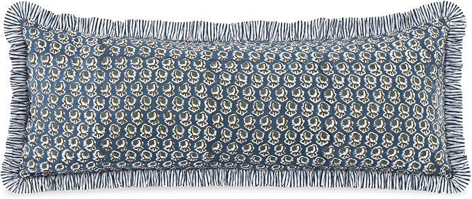 Ridhi Block Print Peacock Blue Ruffle Lumbar Pillow Shams, 14" x 36" Set-1 | 100% cotton, Floral Pillowcase, Cushion Cover, Hidden Zipper, Cottagecore Bedding, farmhouse boho style, fits couch, sofa,Bed